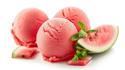 Three scoops of watermelon sorbet with fresh mint leaves and watermelon slices on a white background.