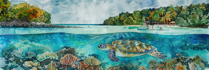 A turtle gracefully swims in the ocean, its shell glinting in the sunlight as it navigates through the clear blue waters