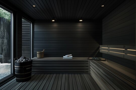 minimalist modern black wooden steam room (sauna)