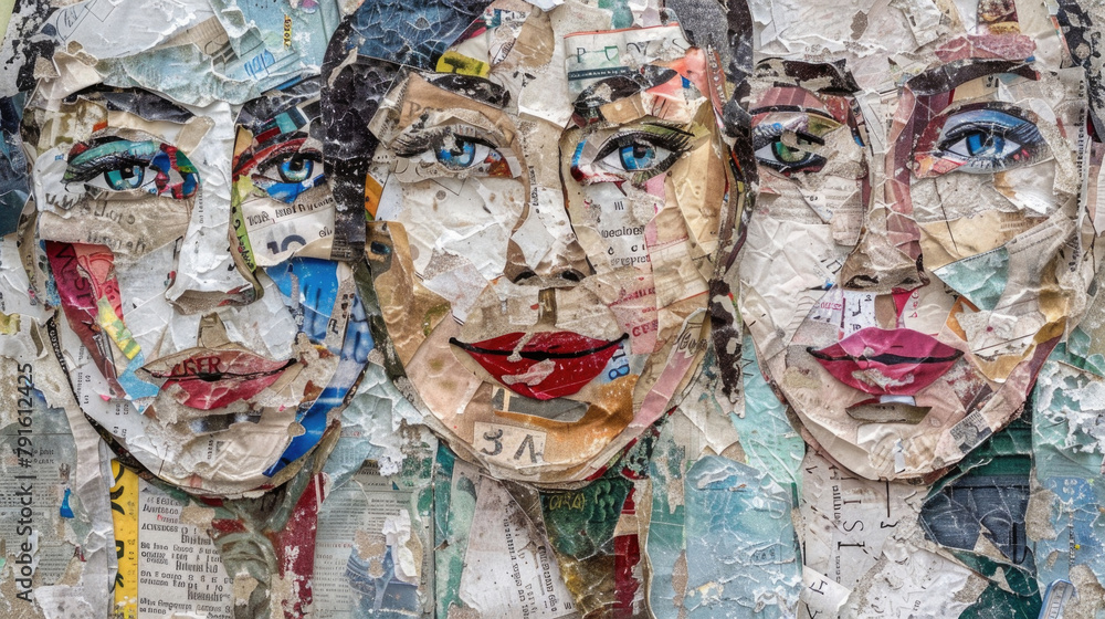 Poster multiple faces creatively crafted using newspaper pieces, showcasing a variety of expressions and de