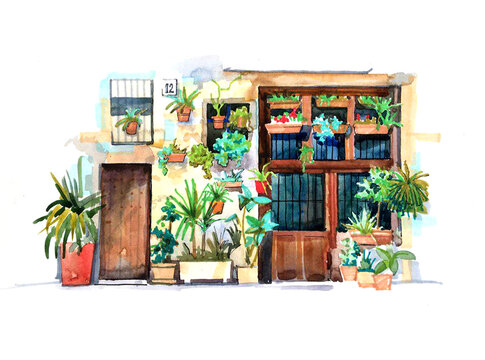 Watercolor illustration, flowering courtyard. High quality photo