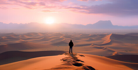 A traveler walking on the top of a sand dune in the desert. The man's looking for the best way to go. Sunset sky, horizon. Fantasy concept of hope, patience, endurance.