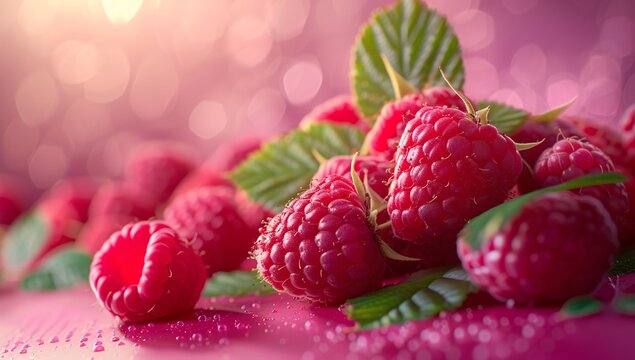A cluster of raspberries with a dreamy bokeh effect in the shimmering pink background