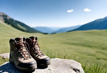 Worn hiking boots on a rocky outcrop overlooking a grassy meadow with mountains in the background - obrazy, fototapety, plakaty