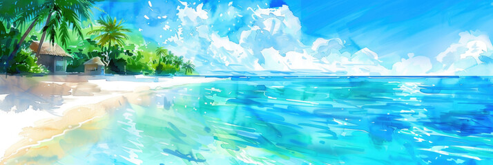 A painting depicting a vibrant tropical beach with tall palm trees, clear blue waters, and white sandy shores under a sunny sky