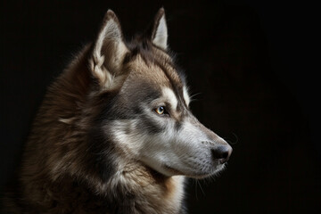 A captivating portrait of a Husky in brown tones on a black background.