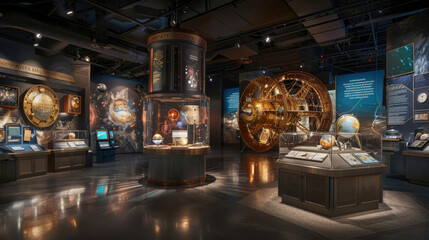Naklejka premium The image shows a vast collection of various types of clocks on display in a museum, showcasing the history and evolution of timekeeping devices