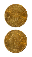 Prawdziwa złota moneta 20 dolarów amerykańskich. Rewers, głowa, liberty i awers z orłem. 1904r. Izolowany. Widoczny każdy detal monety. Widok z góry. Przezroczyste tło.