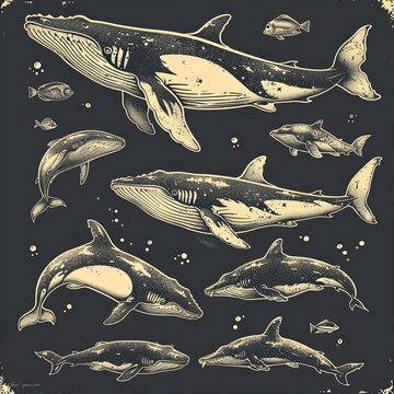 Ocean animal linocut vector set whale grunge