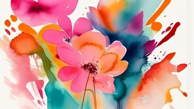 Multi-colored drawn flowers close-up, spring bouquet watercolor illustration animation