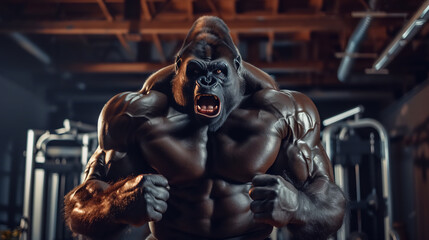 Fototapeta na wymiar A muscle heavy strong King Kong or Gorilla roaring in fitness gym 