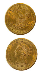 Prawdziwa złota moneta 10 dolarów amerykańskich. Rewers, głowa, liberty i awers z orłem....