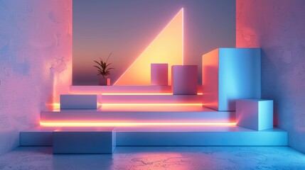 3D rendering of geometric shapes with soft lights and gradient background. The scene consists of...