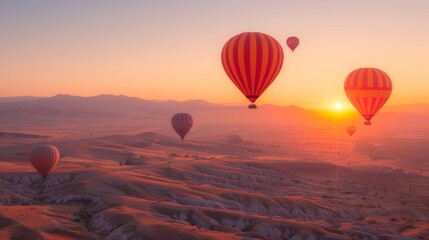 A group of hot air balloons flying over a desert area, AI