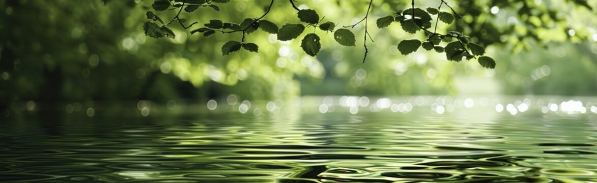 Blurred Background of Water and Green Trees with Sunlight Reflection: Abstract Nature Banner for Summer or Spring