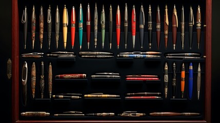 A collection of vintage fountain pens displayed in a shadow box, each one telling a story of its own