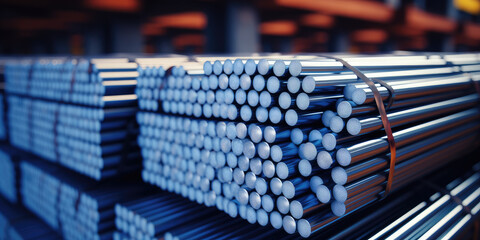 Bundles of steel bars are precisely aligned in a warehouse