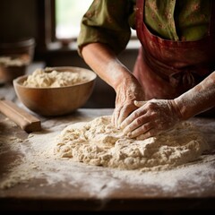 Fototapeta premium Elderly Woman Kneading Dough on Table. AI generated