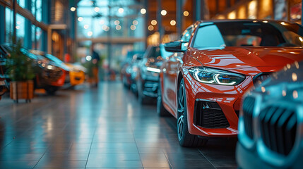 Luxury cars lined up in a showroom, elegance in automotive design. Shiny new vehicles, modern transport on display. Premium brand sedans, sophistication, and style in retail.