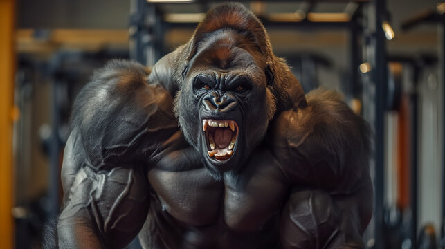 A muscle heavy strong King Kong or Gorilla roaring in fitness gym 