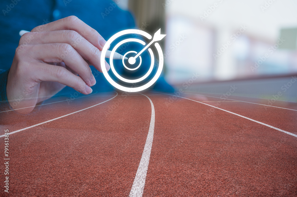 Poster business goal and target concept, businessman using pen drawn on arrow dart to virtual target dart b