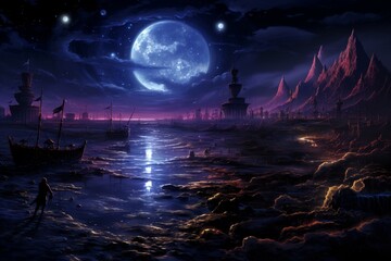 Mystery ilustration of Night Scene With Full Moon AI generated