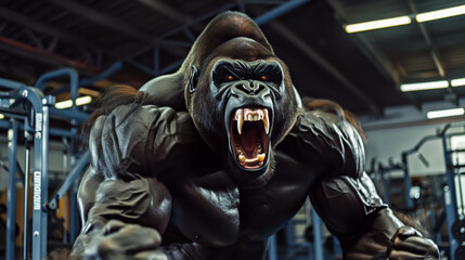 A muscle heavy strong King Kong or Gorilla roaring in fitness gym 