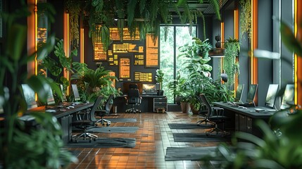 Fototapeta na wymiar Modern office, Ancient Jungle Scenes with Modern Digital Screens. Generative AI.