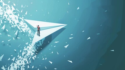 The concept depicts a business turning point, financial trend change, and breakthrough event. A frustrated businessman investor flies in a paper airplane along his reverse direction pathway, symbolize - obrazy, fototapety, plakaty