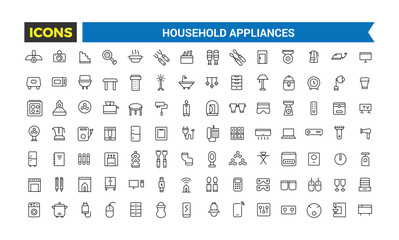 Household Appliances And Home Icons Set, Set Of Refrigerator, Freezer, Washing Machine, Dishwasher, Cooker, Hob, Gas Stove, Kitchen Hood, Coffee Machine Vector Icons, Vector Illustration