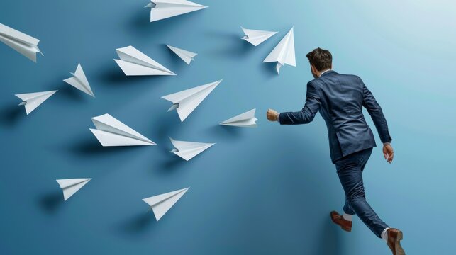 The concept depicts a business turning point, financial trend change, and breakthrough event. A frustrated businessman investor flies in a paper airplane along his reverse direction pathway, symbolize