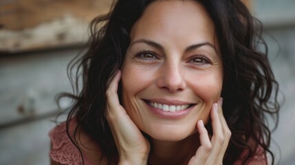 Fototapeta premium Beautiful gorgeous 50s mid aged mature woman in light clothes looking at camera isolated on white with healthy glowing skin and perfect skincare