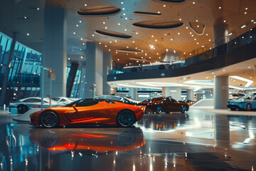 A well lit luxury cars showroom with elegant interior design