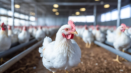 Chicken nourishment in a modern Indoor poultry farm. Chicken for meat, egg production inside storage.

