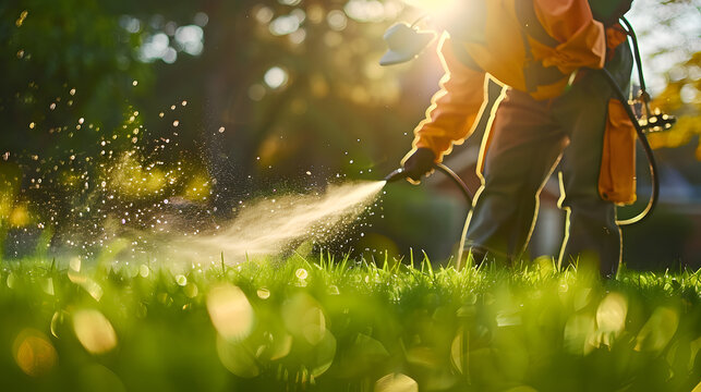 Worker spraying pesticide on a green lawn outdoors for pest control: A close-up view. Concept Pesticide Application, Pest Control, Green Lawn, Close-up Shot, Outdoors