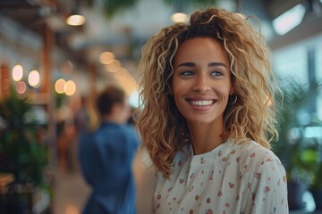 Obraz premium A cheerful young woman with curly hair smiles warmly in an indoor, well-lit setting, exuding positivity