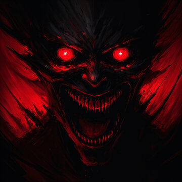 A scary evil demon with glowing red eyes.