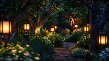 Illuminated garden. Generative AI