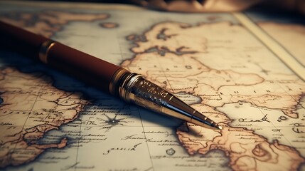 A fountain pen lying on a weathered map, tracing the journey of explorers and adventurers throughout history