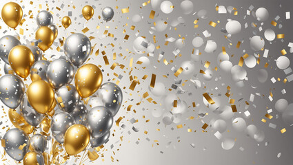 There are gold and silver balloons with gold confetti falling on a silver background.

