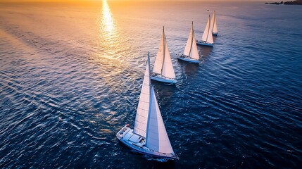 Regatta sailing ship yachts with white sails at opened sea