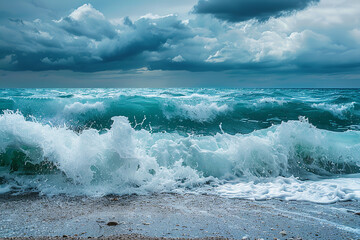 Fototapeta premium From a lonely beach - a stormy sea's tumultuous waves mirror the chaotic turmoil of thoughts that churn within the storm of anxiety