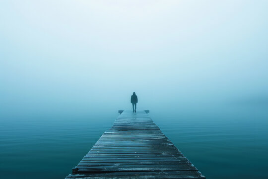 On a foggy pier - a solitary figure embodies the essence of anxiety - their stance a silent testament to feelings of uncertainty and isolation