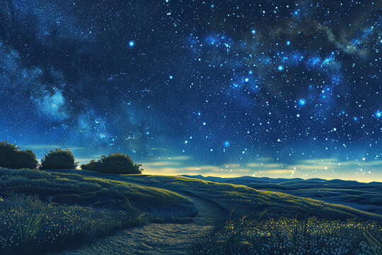 Generative ai on theme of beautiful starfall in sky, bright meteorites glow in atmosphere