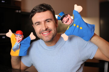 Puppeteer controlling showing his puppets 