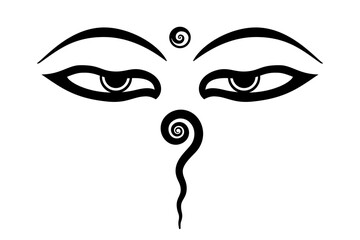 The Eyes of Buddha or Wisdom eyes. Symbol in Buddhist art. Half-closed eyes for the Adamantine view. Above urna, a circle with spiral. Below a curly symbol for one and divine fire emanating from urna.
