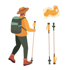 Healthy Man Hiking. Tourist with a backpack on a white background. The Concept of Outdoor Activities. Trekking, Backpacking.