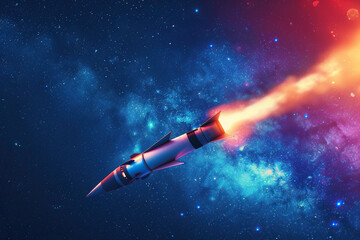 Obraz na płótnie Canvas Generative ai on theme of beautiful space rocket in sky, bright meteorites glow in atmosphere