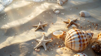 Summer concept with sandy beach shells and starfish