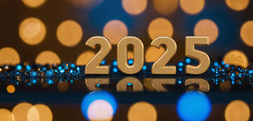 Simple golden 2025 with gold blue bokeh, new year symbol